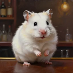 large white fluffy hamster sitting in a bar, hyperrealism oil painting