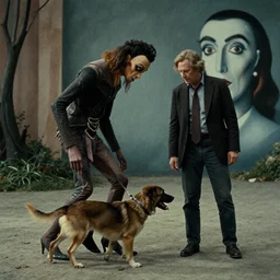 the strange creature helps us walk the dog, film still from the movie directed by denis villeneuve and david cronenberg with art direction by salvador dali and zdzisław beksinski