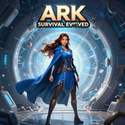 a confident mage woman with long blue cape and brown flowing hair!! disovering ark survival evolved! inside a futuristic portal!!