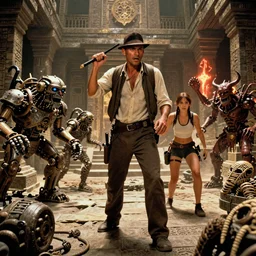 color cinematic still from a 2 0 0 6 action - adventure blockbuster directed by guillermo del toro. steampunk mechanical stone golems and demonic mummies are attacking and terrorizing indiana jones and lara croft played by christian marie serratos inside ancient epic labyrinthine mayan temples with deadly traps and evil magic curses.