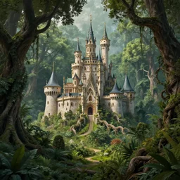 fairy palace-castle, towers, gnarly trees, lush vegetation, forrest, landscape, raphael lacoste, eddie mendoza, alex ross, concept art, matte painting, highly detailed, rule of thirds, dynamic lighting, cinematic, detailed, denoised, centerd