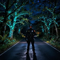 biolumenescent, glowing, glow - in - the - dark fbi agent on road at night