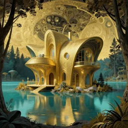 photo hyper realistic concept architecture art house solarpunk in the funny lake, style futuriste, gold and black turquoise ratio,, octane render excellent composition alphonse mucha