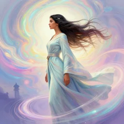 side profile, maya ali, wind wizard, gloomhaven, robes, elegant, highly detailed, concept art, smooth, colorful swirly magical ripples, pastel colors, by huang guangjian, sachin teng, greg rutkowski, jesper ejsing, ilya kuvshinov, artgerm, mucha