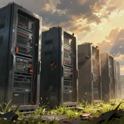 gloomy ruined server room in datacenter painting concept art, pacing, computers, racks, motherboard, cinematic view, epic sky, detailed, concept art, low angle, high detail, warm lighting, volumetric, godrays, vivid, beautiful, trending on artstation, by jordan grimmer, huge scene, grass, art greg rutkowski