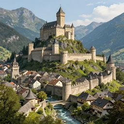 medieval walled city nestled in a mountain with small river flowing through it, large castle in a mountain peak in the background, alpine architecture, very beautiful, intricate, majestic, concept art, trending on art station