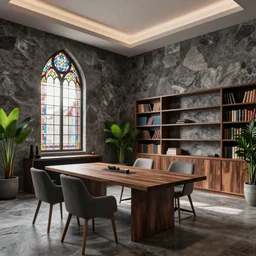 luxurious neo - gothic themed office interior, anthracite natural stone walls, stained glass windows, multiple desks, meeting table, walnut wood, plants, elegant, book shelfs, bright, modernism, chique, minimalism, 8 k