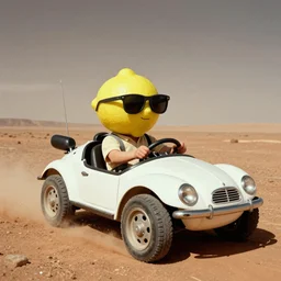 a lemon wearing sunglasses driving a mars hover, in mars, autochrome photograph, atmospheric, film grain, trending on artstation
