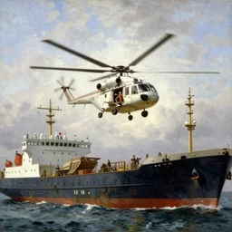an elicopter landing on a massive fishing vessel, a detailed painting by ivan aivazovsky, epic, highly detailed, national maritime museum, hudson river school, 4 k, late romanticism, intricate