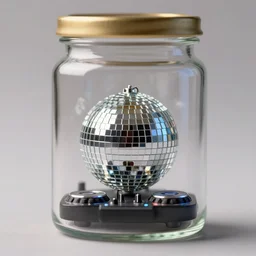 a tiny realistic dj with a disco ball inside a glass jar. sharp focus, photography, unreal engine, trending on artstation, photorealistic, octane, trending on deviantart, unreal engine