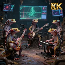 anthropomorphic band of geckos playing strange surrealist detailed electronic musical - instruments!! with blinking leds and oscilloscopes on screens in alien worlds, high contrast mood, candid photography, highly detailed, uhd, unreal engine 5, character concepts, 8 k, photorealistic, award winning render, octane render