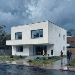 painting of a wide angle exterior shot of a white concerete brutalist architecture house with rainy and moody cinematic lighting by darek zabrocki and greg ruthkowski, alphonse mucha, simon stalenhag and cinematic and blue cold atmospheric, archillect concept art, artstation, trending on artstation