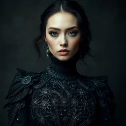 portrait of beautiful female model by irakli nadar wearing an intricate detailed avant garde dress design by rocky gathercole, high fashion pose, haunting, elite, elegant, ruan jia, dark, hyper detailed, concept art, by gustav klimt, sharp focus