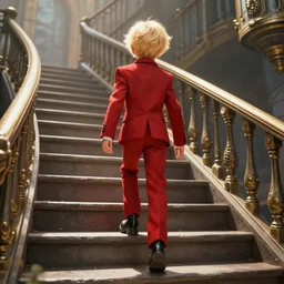 sharp, highly detailed, color film of a blonde boy in red suit walking up the bonzer stairs, steampunk, trending on artstation, art by sergey kolesov and riot games, flickering light, bright, beautiful, nice composition