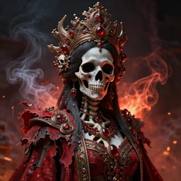 a beautiful detailed 3d portrait of female empress of the dead, by ellen jewett, by tomasz alen kopera, by Justin Gerard, ominous, royally decorated, skull, skeleton, whirling smoke, embers, magical realism, texture, intricate, ornate,  red adornements, red torn fabric, radiant colors, fantasy, volumetric lighting, high details