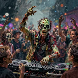 a bokeh photo of a zombie hype dj concert, documentary film, an ultrafine detailed painting by james jean, cgsociety, figurative art, detailed painting, dystopian art, high detail greg rutkowski and andreas rocha, tristan eaton, victo ngai, artgerm, rhads, ross draws