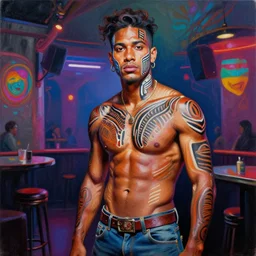 palette knife oil painting portrait of eddie dreamtime, an athletic and lean hipster in his early 4 0 s in hipster clothes and australian aboriginal body paint, in a concrete nightclub, psychedelic, artstation trending, artgerm, any racial background, deviant art, hipster, octane, substance, art history 8 k