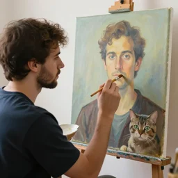 man holding a cat and paintbrush, he is painting a painting of himself painting