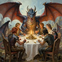 dragons around a table playing dnd, painting by donato giancola and greg rutkowski