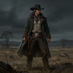 A cowboy with a long coat in a dark western scenery, holding a gun, long grey hair, fantasy, digital art