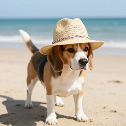 a beagle in summer beach wearing hat