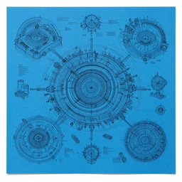 blue paper, full page schematic of detailed concept art of learning, interdisciplinary, future, fusion, unreal, unreal engine, detailed and intricate environment