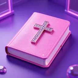 y 2 k realistic render of a pink bible with a y 2 k rhinestone christian cross on it in a glowing purple room, hyper realistic, hd glossy 8 k realistic shiny sparkling