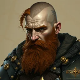 a ginger bearded young dwarf warrior, ( strong nose, and brow ) black and bronze plate armor, ( ( ( trimmed beard and half shaved head ) ) ), head and torso portrait by craig mullins and greg rutkowski