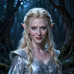portrait of mischievous, enigmatic!!, dangerous youngster Galadriel (Cate Blanchett) as a queen of elves, dressed in a refined silvery garment. The background is a dark, chilling eastern european forrest.  night, horroristic shadows, blue tones, higher contrasts, (((lumnious))), theatrical, character concept art by ruan jia, (((thomas kinkade))), and J.Dickenson, trending on Pinterest, ArtStation