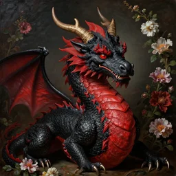 A extremely highly detailed majestic, hi-res, beautiful Baroque portrait of a detailed black and red dragon with horns on it's head surrounded by flowers. Highly detailed, anatomically correct, , high textures, hyper sharp, 8k, insanely detailed and intricate, dramatic lighting, oil paint on canvas by Franz Xaver Winterhalter