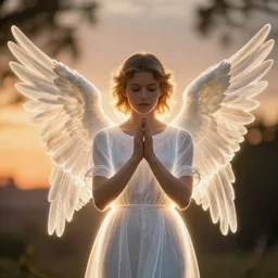 centered  waist up portrait photography an angel + glowing outlines, bokeh + DOF + 8k, photorealistic + rendered in unreal engine + composition by Peter Mohrbacher + line work by Dan Mumford , ultra realistic + backlit + strong rimlight, sunset + HDRI, HD, Photoreal