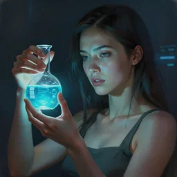a cyberpunk painting of a beautiful female holding a glass beaker of glowing cyan liquid by ross tran, highly detailed, cool lighting, deviantart, thoughtful expression, realistic anatomically correct hands