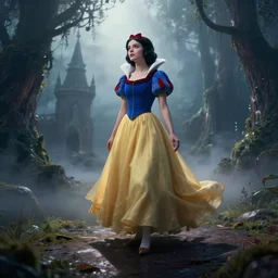 a portrait of snow white in beautiful enchanted landscape, environment, low angle view, hyper realism, concept art, low angle, high detail, volumetric, dramatic lighting, long shadows, ominous, misty, beautiful, by wadim kashin, breathtaking scene, cinematic, 8 k