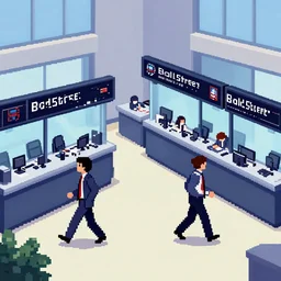 pixel art of wallstreet office with brokers running between the bloomberg terminals, visual novel cg, 8 0 s anime vibe, vaporwave nostalgia, tsukihime, muv - luv, baldr sky, kimagure orange road, maison ikkoku, city hunter, great teacher onizuka