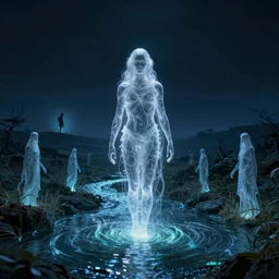 eerie, greek fantasy panorama, a magnificent translucent shining homeless traveler figure above the magic shining river styx, at night, otherworldly, ghost farmer above the horizon, stanley kubrick, sharp focus, wide shot, surreal, deep