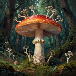 a magic mushroom, psychedelic in nature, dendritic spores, stretching out through the forest :: extremely detailed landscape, concept art by Dan Mumford :: a masterpiece by Greg Rutkowski