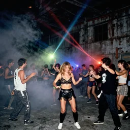 flash photography of a secret underground rave dance party in a warehouse by annie leibovitz, shutter speed 2 seconds, fog machines, colorful, light effects!!, nighttime!!,