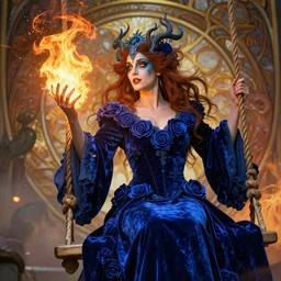 Beautiful female wizard with blue rose velvet robes on a swing, wearing an intricate arcane makeup, searching for her soul, burning desire, epic cinematic, drama, action, digital art, art by Alphonse Mucha, Greg Rutkowski, Alex Ross, WLOP