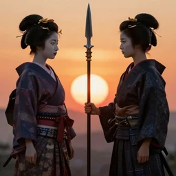 samurai and geisha stand opposite each other against the backdrop of the setting sun, between them is a spear, japanese style, ultra - realism, artstation, wow it is beautiful, sharp focus, ultra detailed, 8 k, dramatic, octan render