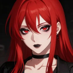 highly detailed coherent professional 9 0 s seinen anime art of badass goth woman with red hair, black makeup, and red eyes. chunibyo. horror action manga cover promotional art. detailed and intricate environment. drawn by ilya kuvshinov and painted by zdzislaw beksinski, pencils by tsutomu nihei