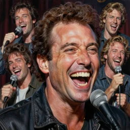 a mixed media portrait painting of nineteen eighties jerry seinfeld laughing hysterically in a comedy club, hyperrealistic, detailed face, by frank frazetta, greg rutkowski, christian macnevin, wlop, krenz cushart, epic fantasy character art, volumetric lighting, cgsociety, exquisite detail, masterpiece, cinematic