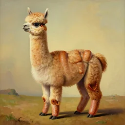a surrealist painting of an alpaca made out of frankfurter sausages, the neck and legs of the alpaca are frankfurter sausages. high resolution in the style of dali