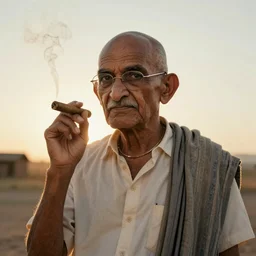 gandhi smoking cigar in the wild west movie, portrait, backlight, sunset