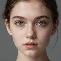 close - up portrait of beautiful young girl, gray background, art by peter lindbergh