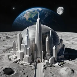 domed metropolis on the moon with earth and stars above
