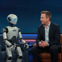 vfx film, john oliver interviewing a robot on a talkshow, flat color profile low - key lighting award winning photography arri alexa cinematography, hyper real photorealistic cinematic, atmospheric cool colorgrade