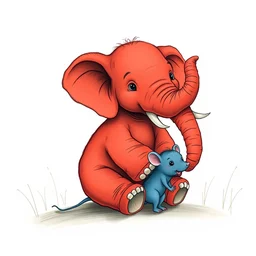 an illustration of a large red elephant sitting on a small blue mouse