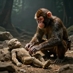 evolved monkey archaeologist finding the remains of humanity | cinematic lighting