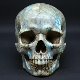 skull made of labradorite, front view, symmetrical