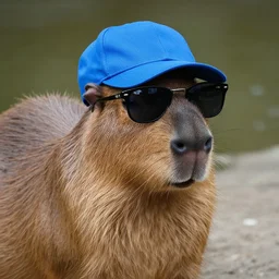 Photo Of A Capybara with Sunglasses And A Blue Cap, Photorealistic